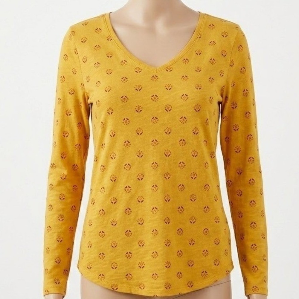 Sonoma Goods For Life Everyday Tee Mustard Yellow Floral V-Neck Long Sleeve M